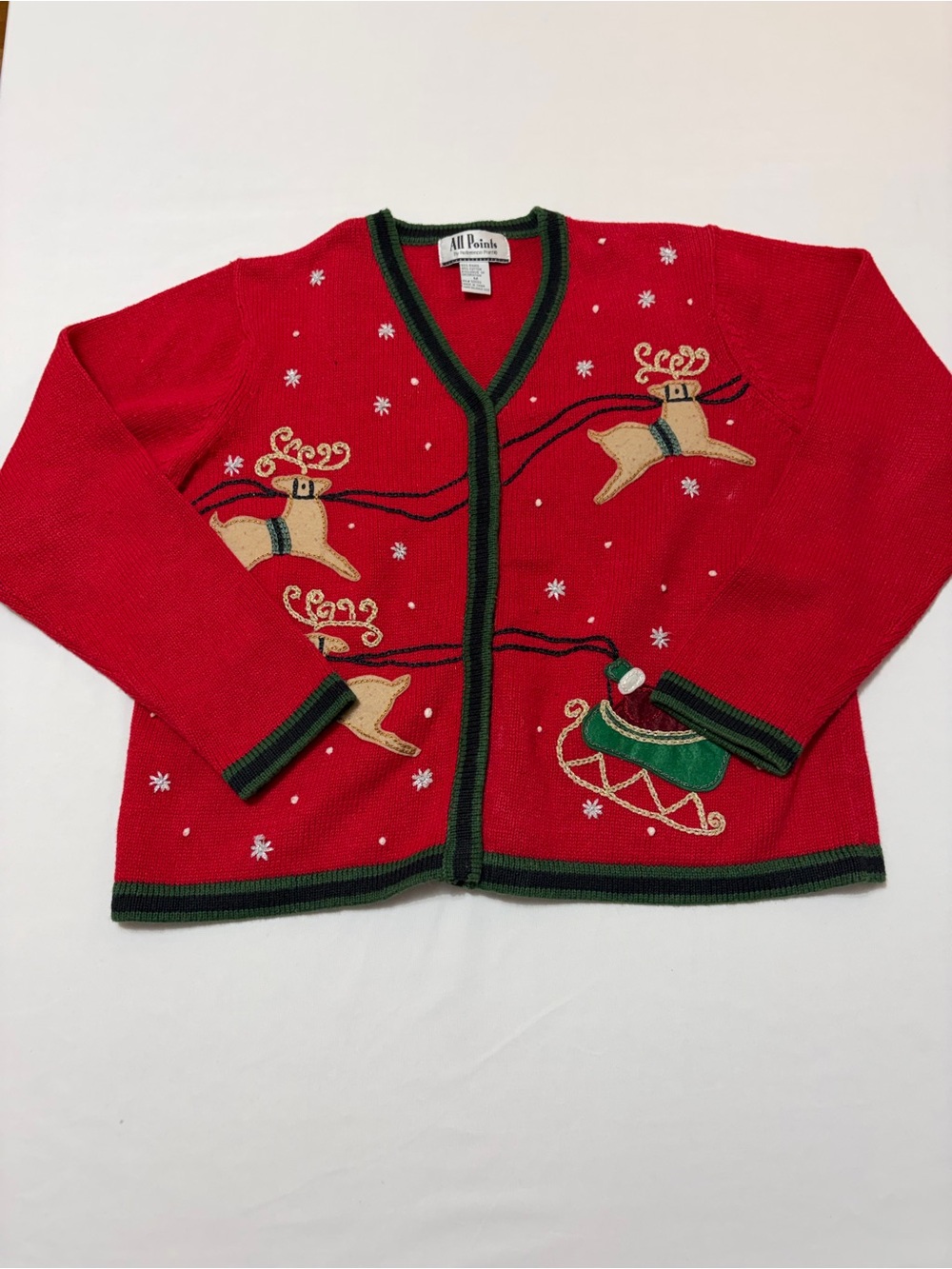 All Points Vintage Ugly Christmas Sweater Cardigan Medium Red Reindeer Santa